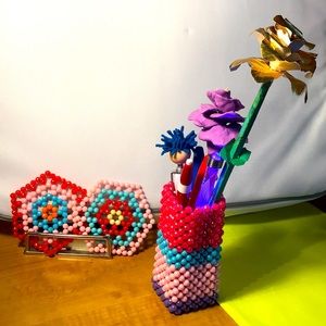 Hand Made: 2 Beaded Coasters & 1 Beaded Pen Holder